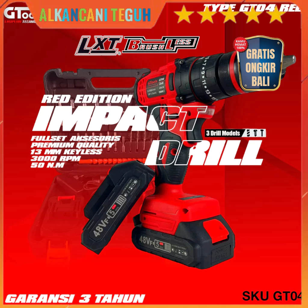 BOR CORDLESS GTOOLS EROPA GT04 48V 13MM BRUSHLESS IMPACT DRILL FULLSET MESIN BOR BETON BESI KAYU SEK