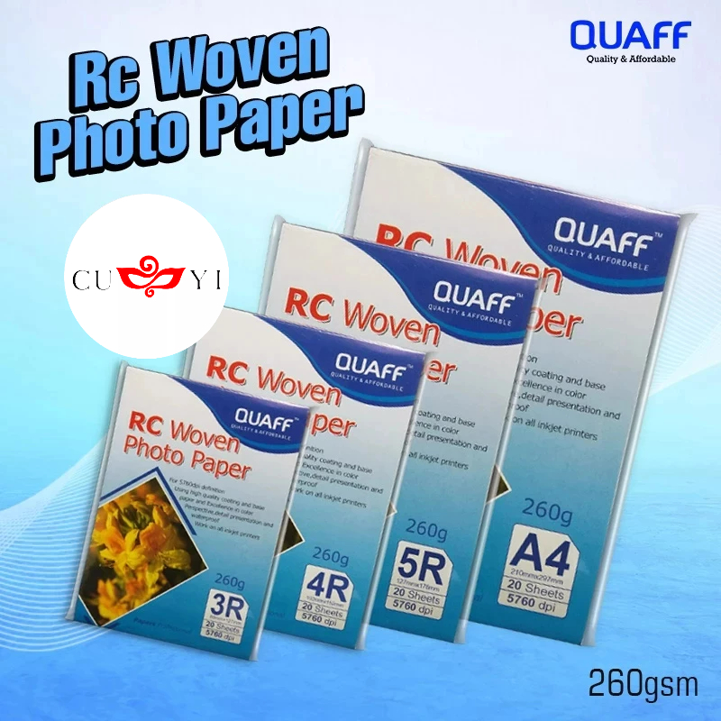 

CUYI KERTAS FOTO QUAFF A4/5R/4R/3R 20LEMBAR 260gsm UNTUK SEMUA PRINTER RCWOVEN01