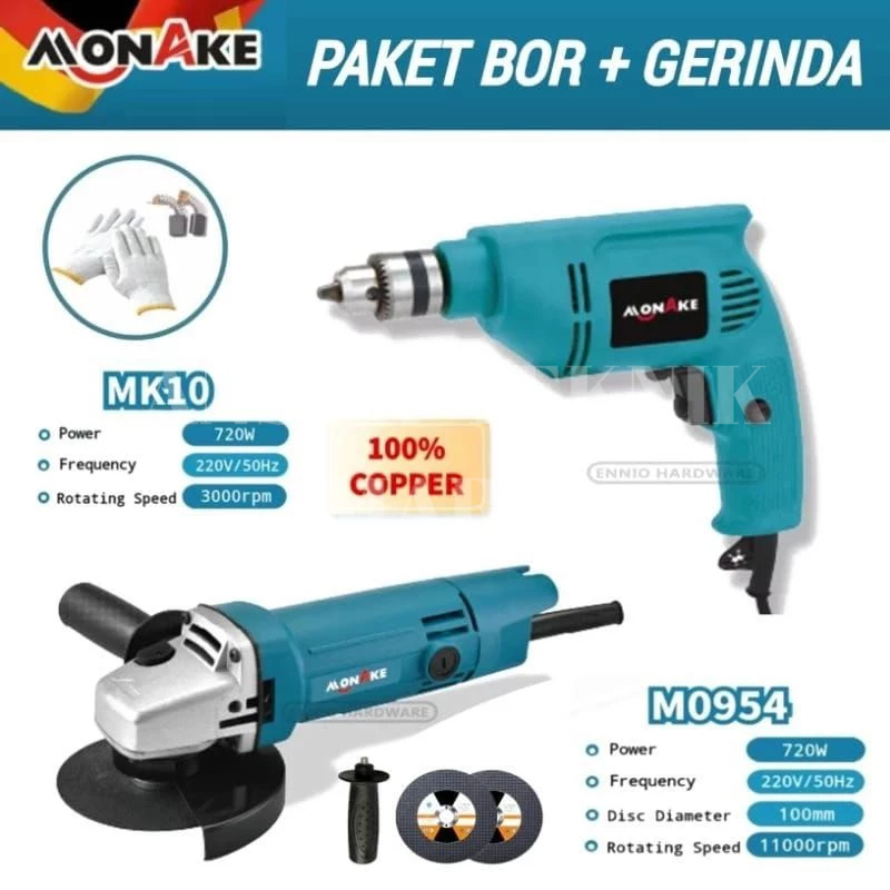 NEW PAKET MURAH JLD TOOL Mesin Gerinda Tangan + Bor 10mm JLD Tool/ MONAKE GERMAN TEKNOLOGI