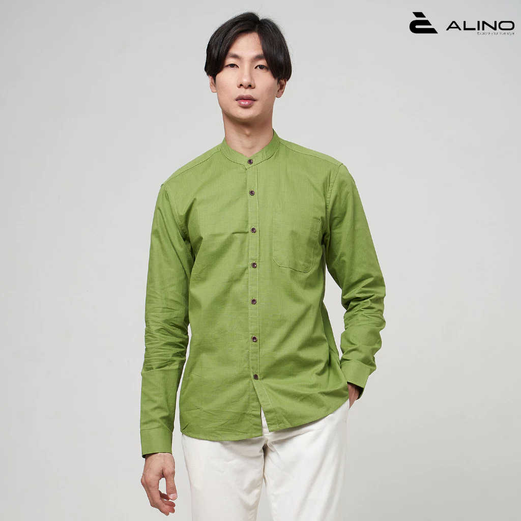 ANOALI Kemeja Pria Sanghai Polos Panjang Hijau Daun