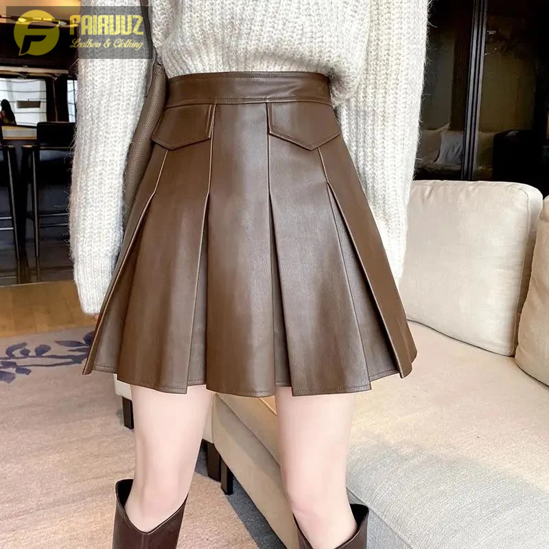 Rok Lipit Kulit Wanita Rok Pendek Rempel Model Rok Korea Style High Waist Rok Mini Kulit Kasual Stre