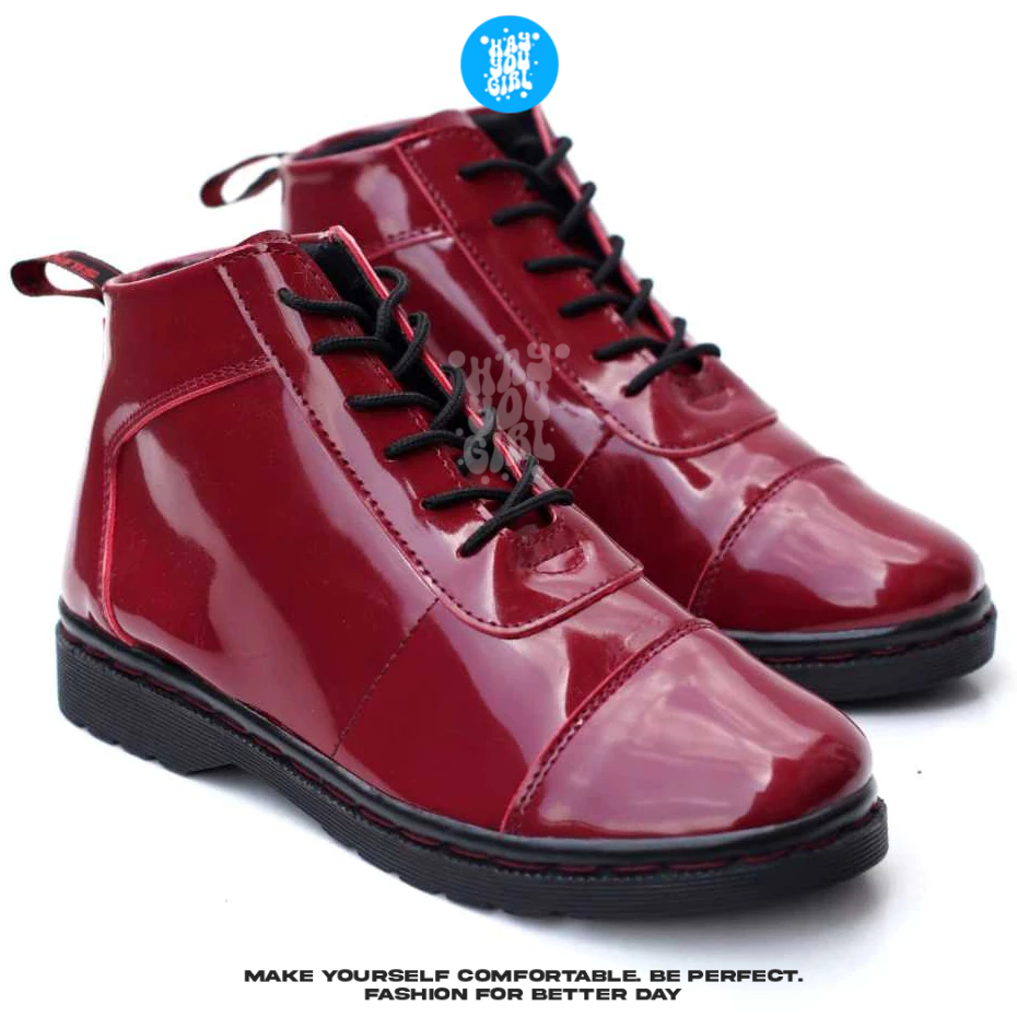 HYG - DM MAROON Sepatu Wanita Docmart Boots / Docmart High Boot Cewe