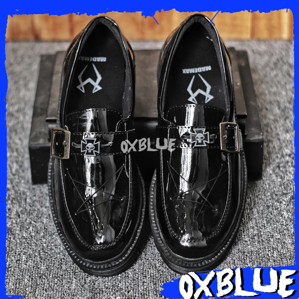 OXBLUE Bow - Sepatu Loafers Pria Docmart Bintang Mengkilap Lak Glossy Hitam