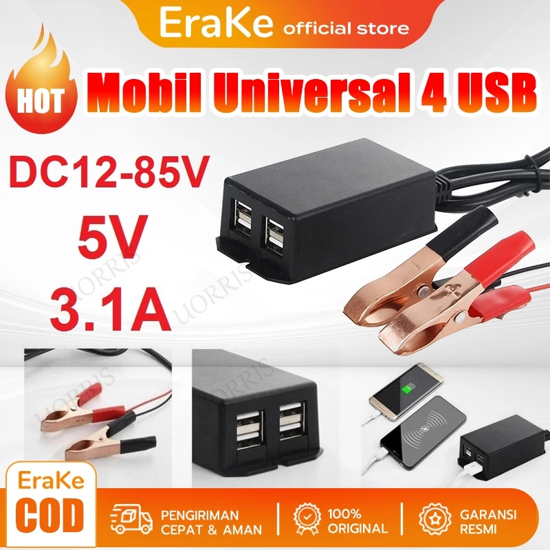 Adaptor Charger HP Darurat Pasang Ke AKI Motor Mobil Universal 4 USB Sambungan Charger Casan HP ke A