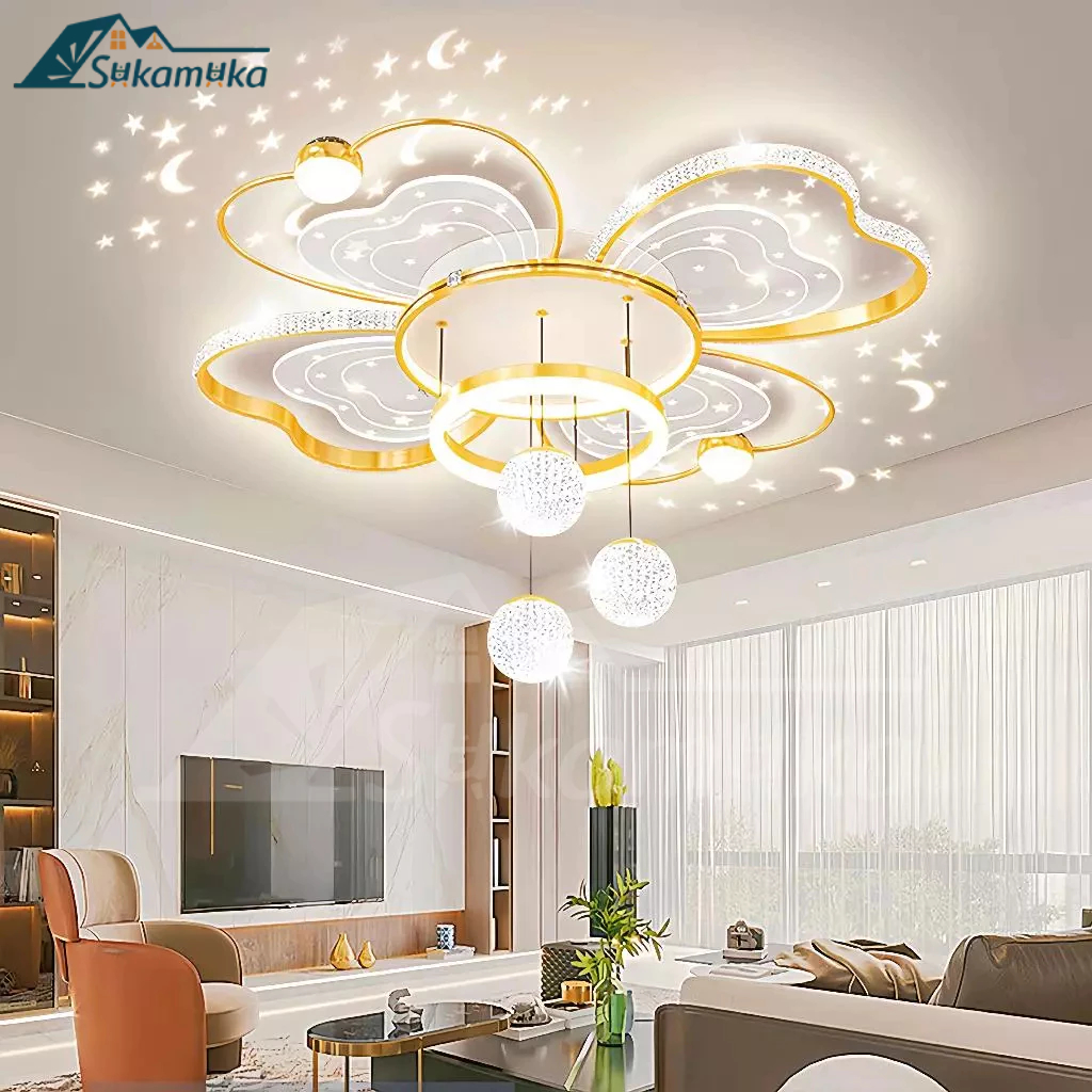 Lampu Gantung Ruang Tamu Aesthetic Mewah Lampu Gantung Nordic Modern Remote Control LED 148Watt 3 Wa