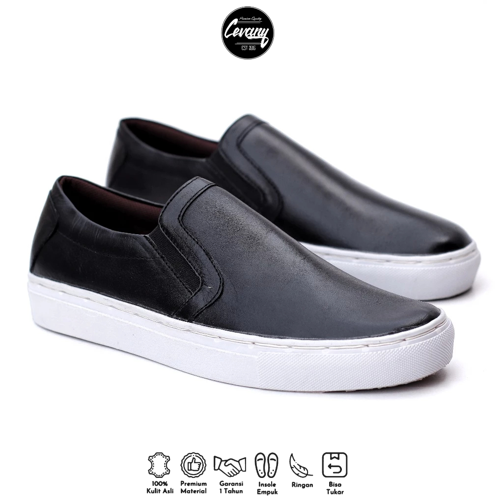 CEVANY - Sepatu Casual Kulit Asli 100% Slop Hitam Coklat 39-43 - MORI