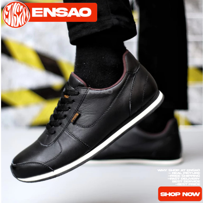 Sepatu Casual Sneakers Kulit Hitam Pria
