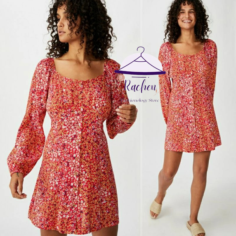 COTTON ON ~ Gaun Wanita Baju Kekinian Motif Bunga Floral Summer Vintage Dress