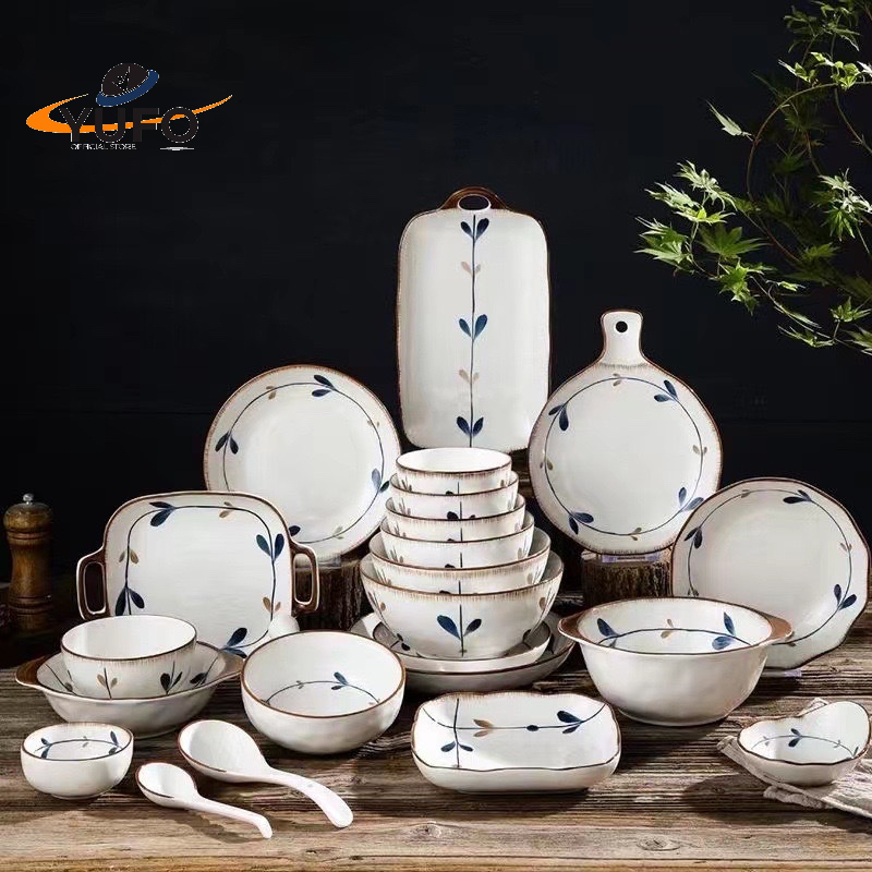 Piring Makan Keramik Leaf Floral Piring Ikan Keramik Mangkuk Sup Piring Keramik Gagang Motif Daun