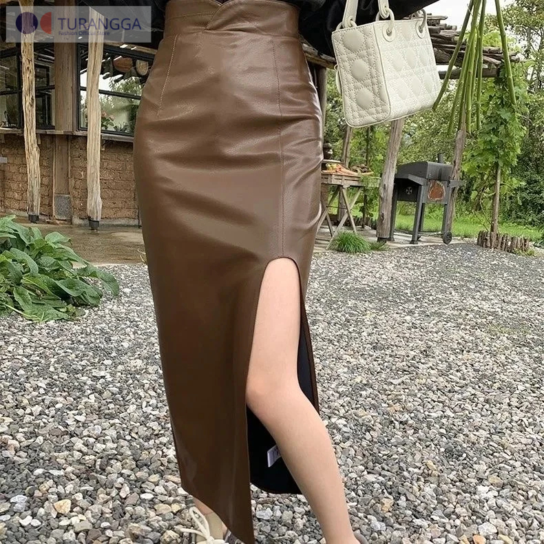 Rok Kulit Panjang Rok Midi Pensil High Waist Slit Besar Kaki Kiri Rok Wanita Chic Middle Streetwear 