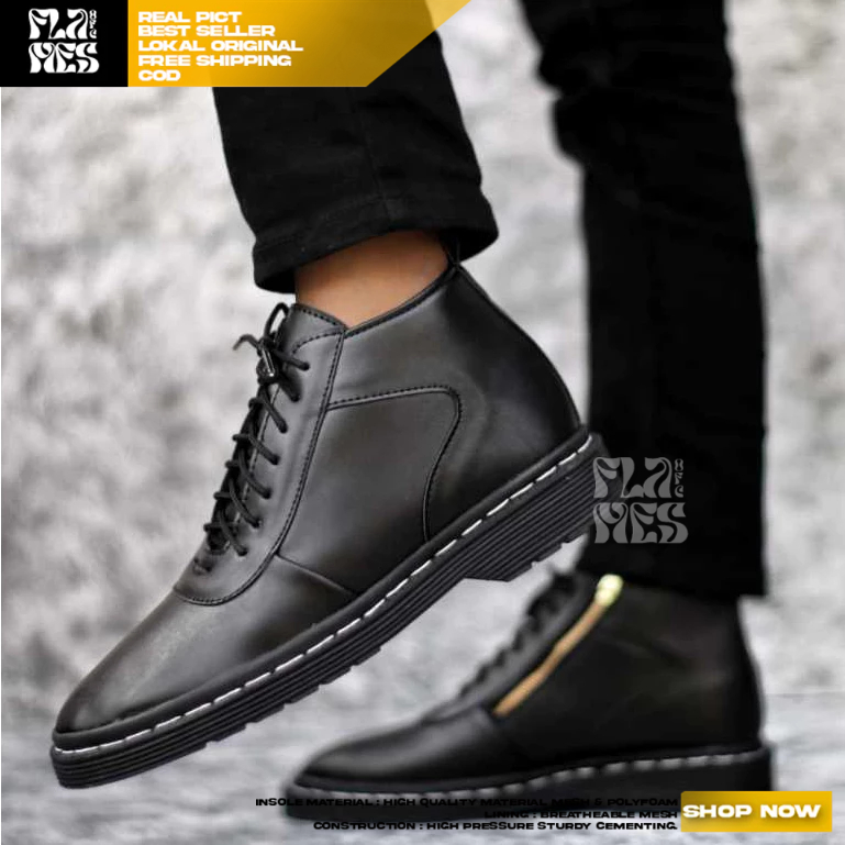 FLAMES Sepatu Boots Docmart Pantofel Hitam Kerja Pria Resleting