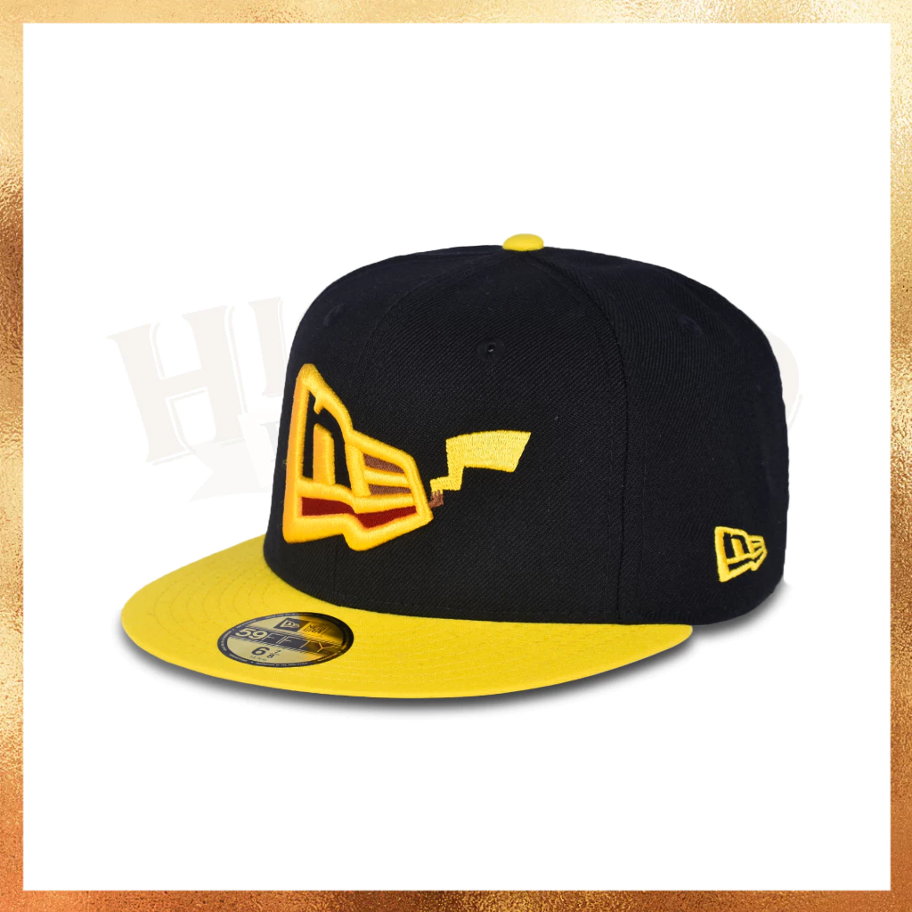 READY STOCK Topi New Era Anime Pokemon Pikachu Logo Collab Black Yellow 59Fifty Fitted Hat 100% Orig