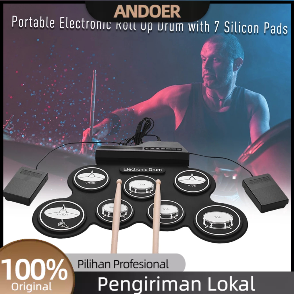 [LOCAL]Elektronik Portabel Digital USB 7 Bantalan Roll up Drum Set Silicone Electric Drum Pad Kit Be