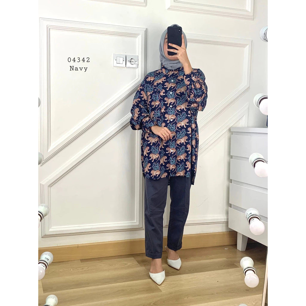 04342 KEMEJA PJ FULL PRINT LION SEMI RAYON BASIC OVERSIZE PREMIUM WANITA ATASAN KEMEJA CASUAL TWIN C