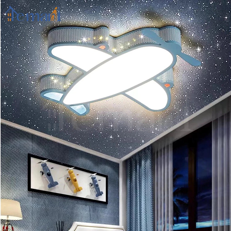 Lampu Plafon Kamar Anak Kartun Pesawat Biru Lampu Plafon 3 Warna LED Anak Modern Untuk Kamar
