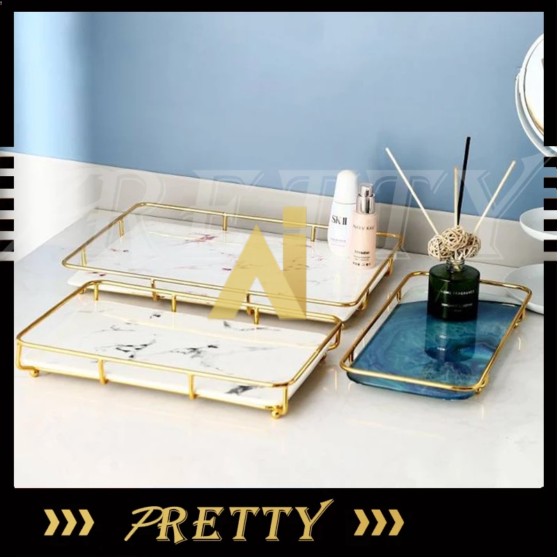 COD Marble Tray / Rak Penyimpanan Kosmetik Makeup Pajangan / Nampan Alat Kamar Mandi Nampan kaca mot