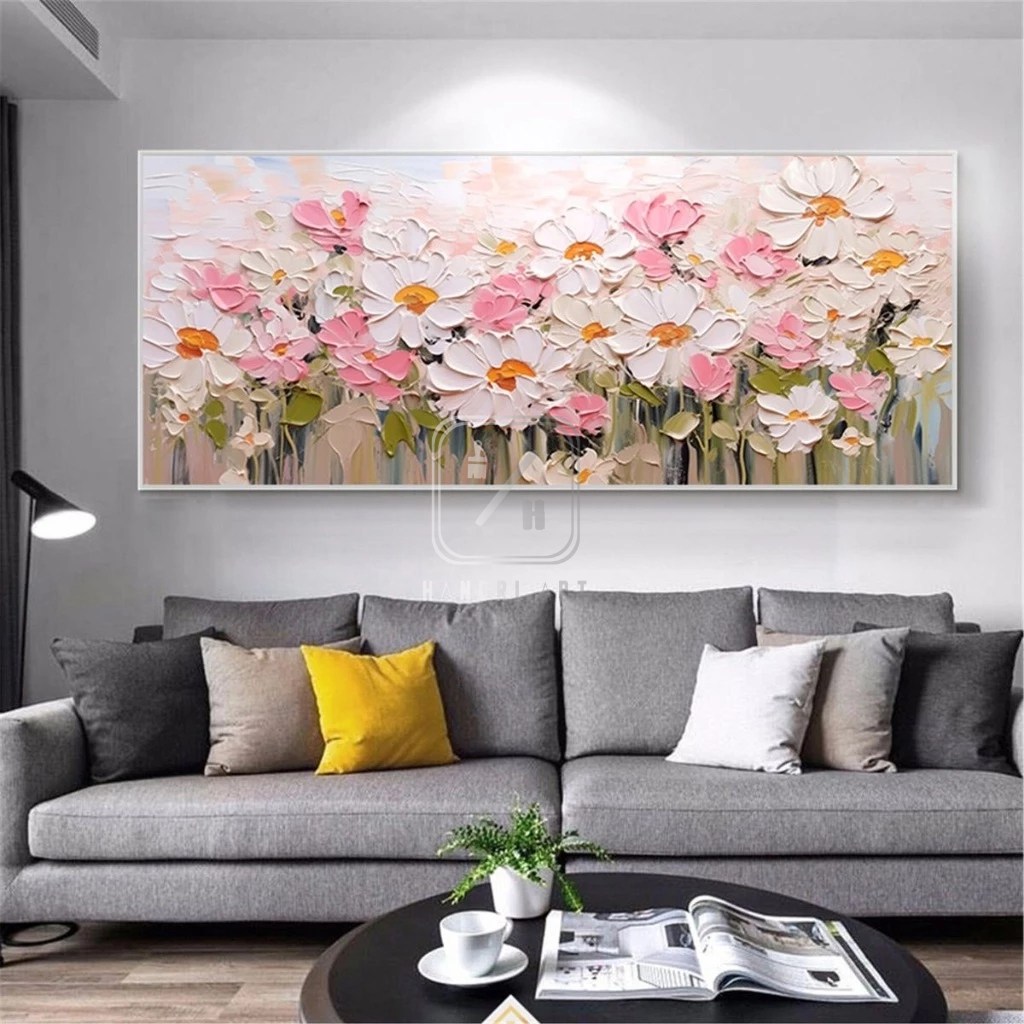 Lukisan Bunga Abstrak Aksen Pink Putih Minimalis Realis full Texture Soft Colour | lukisan Abstrak m