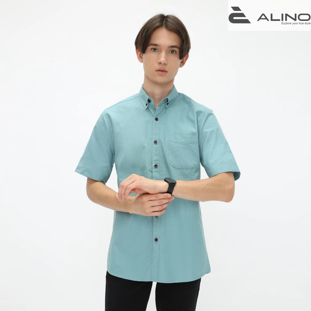 ALINO Kemeja Pria Basic Lengan Pendek Biru Wardah
