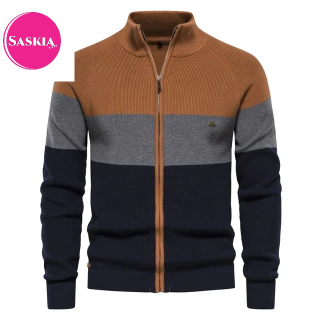 sweater rajut resleting garis pria