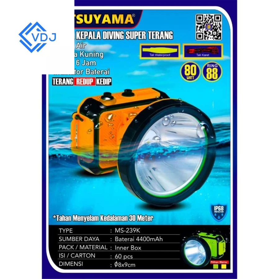 MMS-239K - SENTER KEPALA DIVING 80W RING 88 KEDALAMAN 30M -SENTER MITSUYAMA MS 23K P CAHAYA KUNING