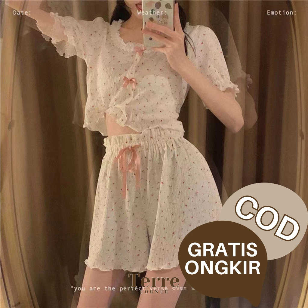 Baju Tidur Wanita Renda Ka-Wai Pajamas Lengan Pendek Celana Pendek Piyama Import Set Motif Bunga Pit