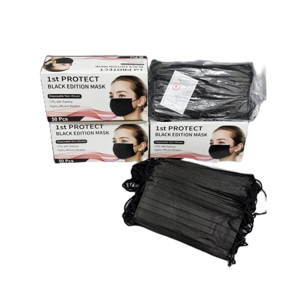 EARLOOP 3PLY HITAM DISPOSIBLE FACEMASK 1BOX ISI 50PCS BOX RANDOM / MASKER CANTOL TELINGA BLACK MURAH
