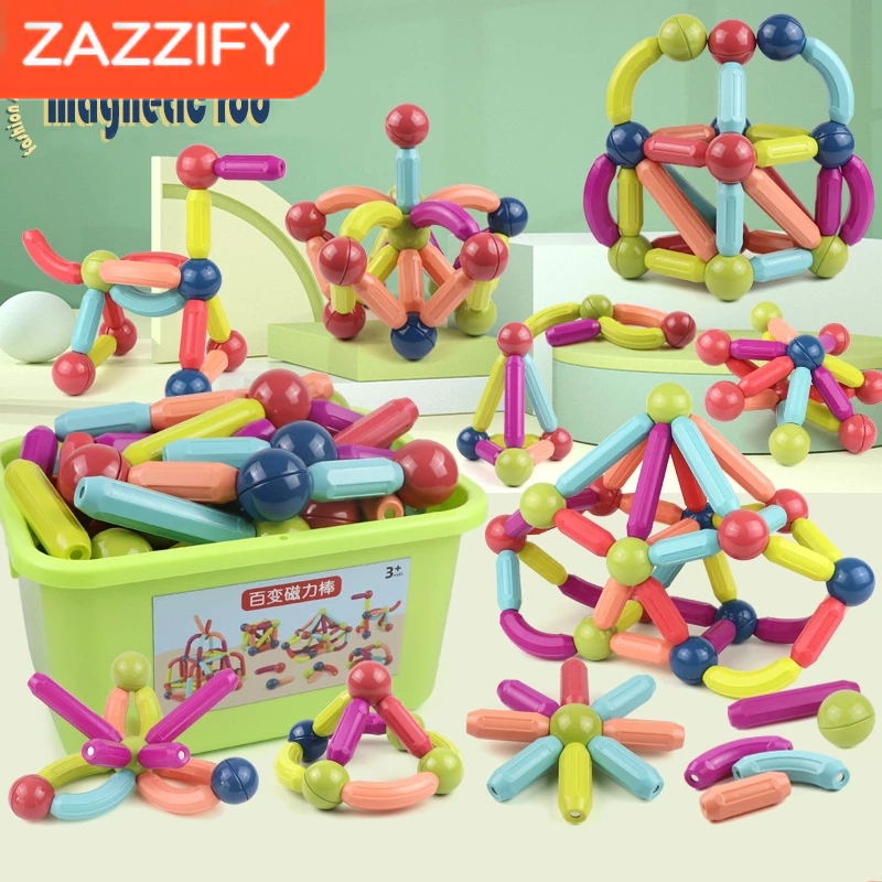 ZAZZIFY Mainan Edukasi Anak DIY Mainan Lego Balok Susun Magnet Berbentuk Stik dan Bola Isi 130pcs Se