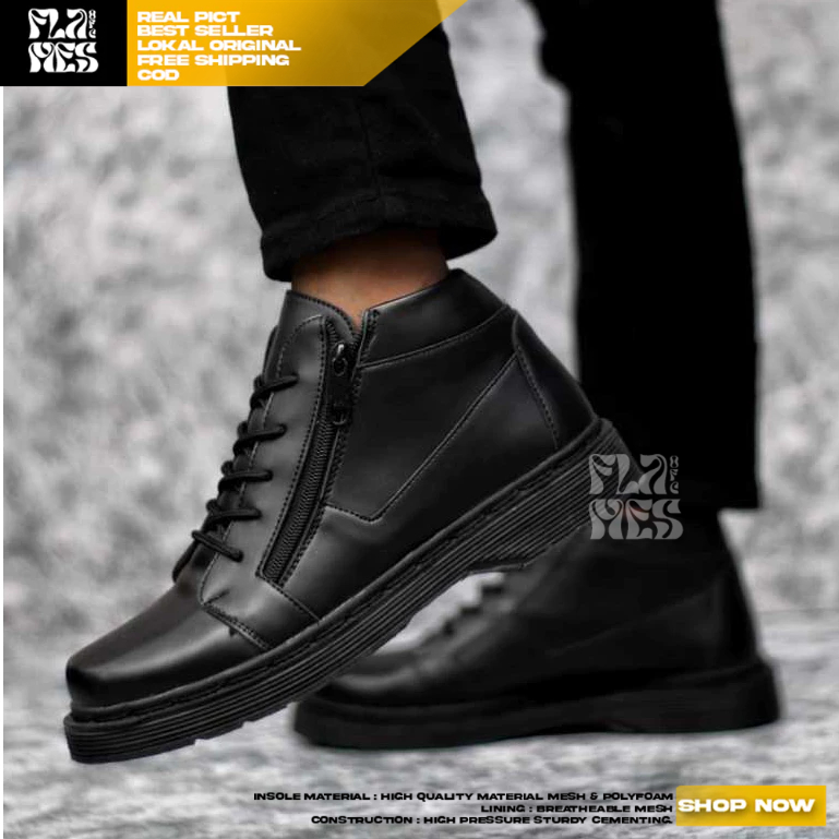 FLAMES Sepatu Boots Docmart Pantofel Formal Hitam Pria Resleting