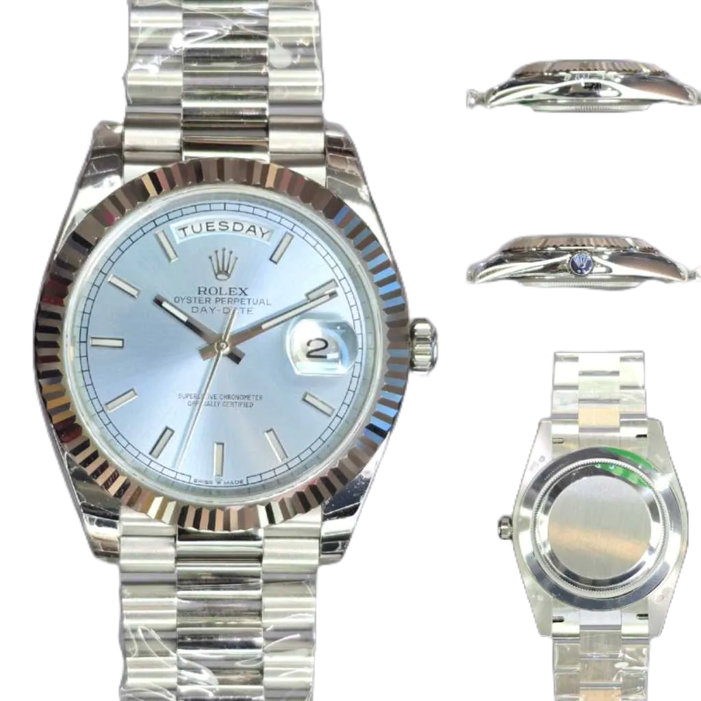 Jam Tangan Luxury Pria Rolex Day Date Ice Blue Swiss Automatic EWF Sapphire Fullset
