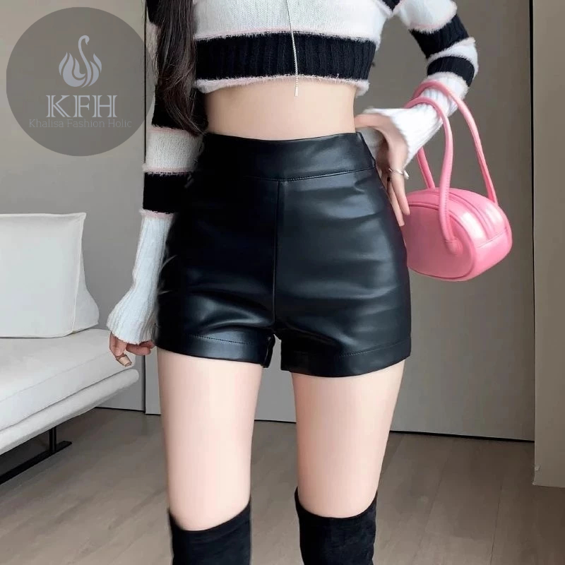 Celana Pendek Kulit Leather Shorts Y2k Shorts Women High Waist Bag Hip Sexy Pu Leather Bottoming Ela