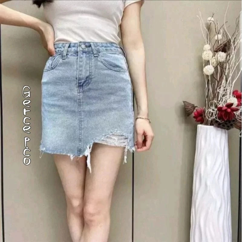 Rok jeans pendek wanita Rok jeans wanita korea Rok mini jeans short robek a-line wanita korea