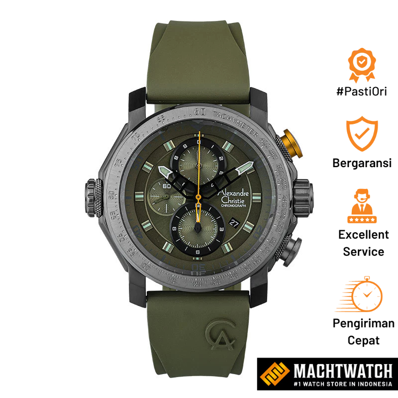 Jam Tangan Pria Alexandre Christie Chronograph AC 6565 MC REPGN Men Green Dial Green Rubber Strap