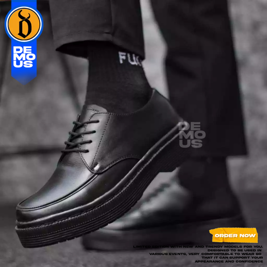 DEMOUS - Sepatu Formal Pantofel Hitam Kerja Pria Hak Tinggi Kulit Asli