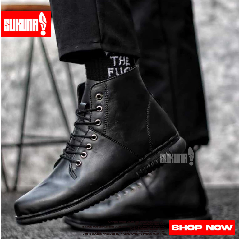 Sepatu Boots Hitam Kulit Asli Tali Boots Pria - ZORA