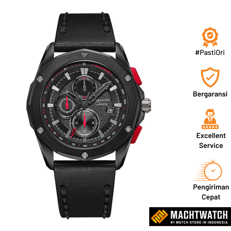 Jam Tangan Pria Alexandre Christie Chronograph AC 6663 MC LIPBARE Men Black Dial Black Leather Strap