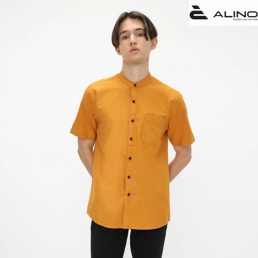 ANOALI Kemeja Pria Sanghai Polos Pendek Mustard