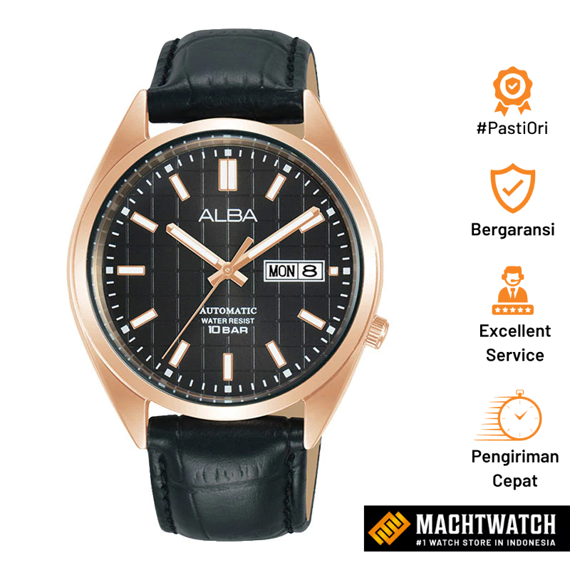 Jam Tangan Pria Alba Mechanical AL4330X1 Automatic Black Patterned Dial Black Leather Strap