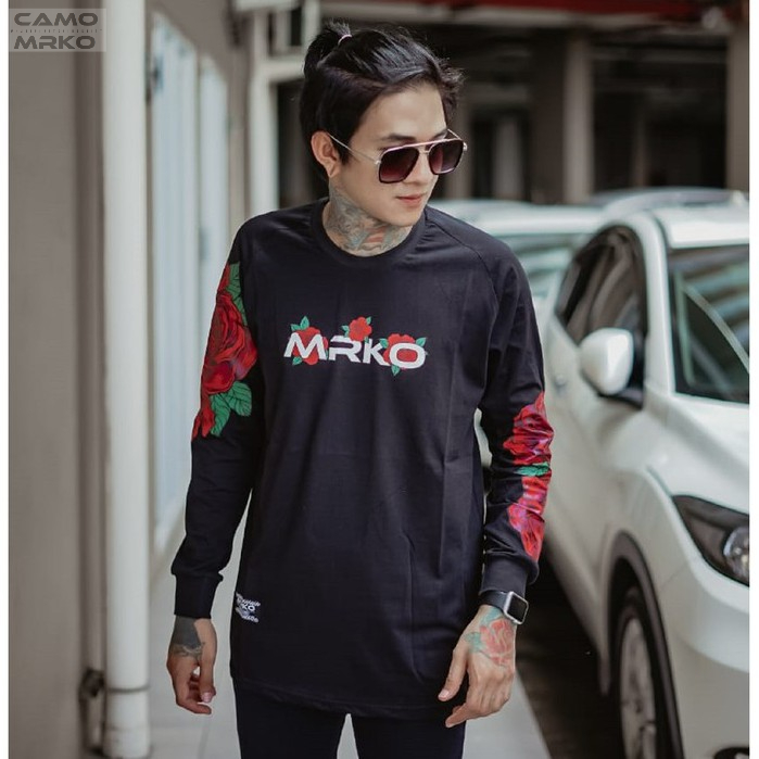 Kaos Lengan Panjang Distro Bandung CAMO MRKO Official Rose Black White Printing Long Sleeve Original