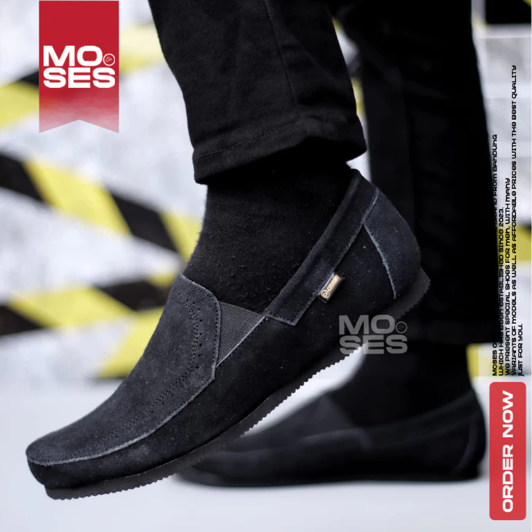 MOSES Sepatu Slip On Hitam Casual Kulit Pria
