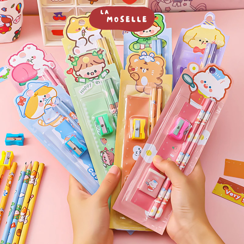 

La Moselle - [SK53] paket alat tulis 5 in 1 alat tulis set rautan pensil penghapus penggaris stationery