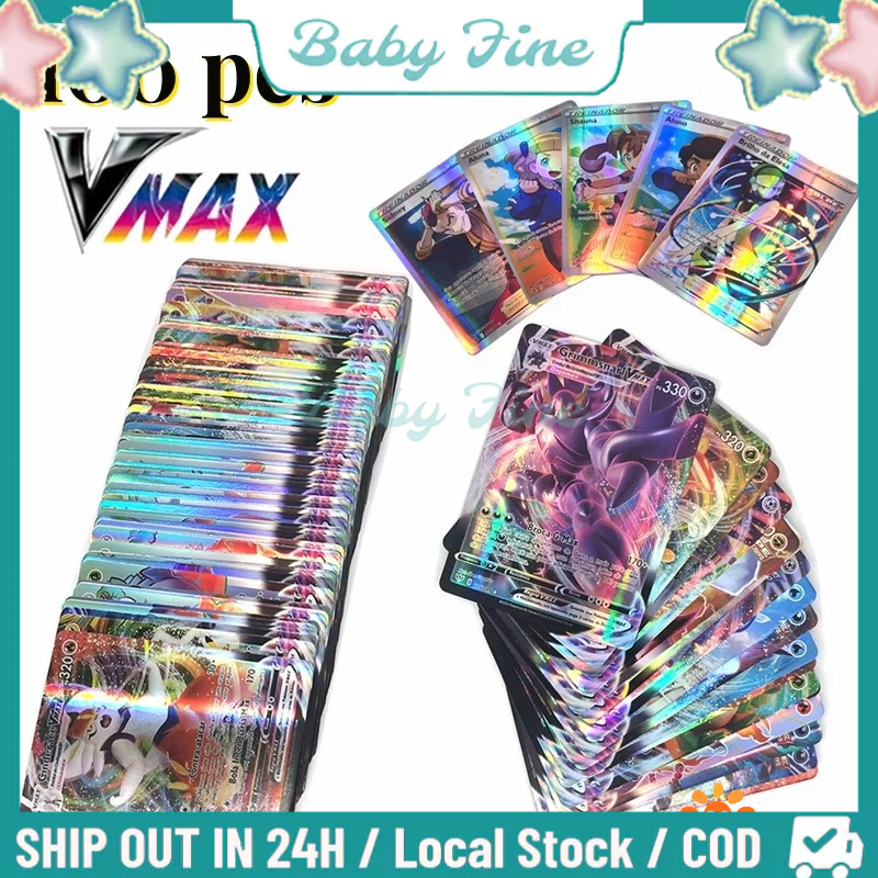 100%ORI/COD 100pcs Pokemon Vmax Cards/Kartu Pokemon TCG Vmax Mega EX GX/Pokemon Shiny Cards/Kartu La