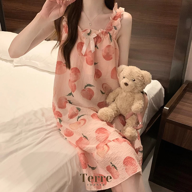 UIY Ji Hye Dress Daster Tidur Aesthetic dengan Cup Bra Piyama Korea Wanita Import Tanpa Lengan