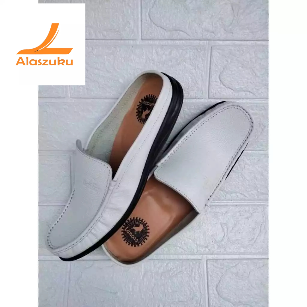 ALZ 701 Putih Sepatu Sandal Bustong Pria Full Kulit Kulit Asli