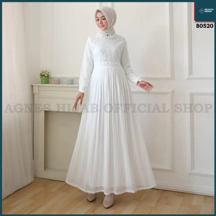 BISA COD - AGNES BAJU GAMIS WANITA GAMIS BRUKAT GAMIS PUTIH BAJU MUSLIM #80520