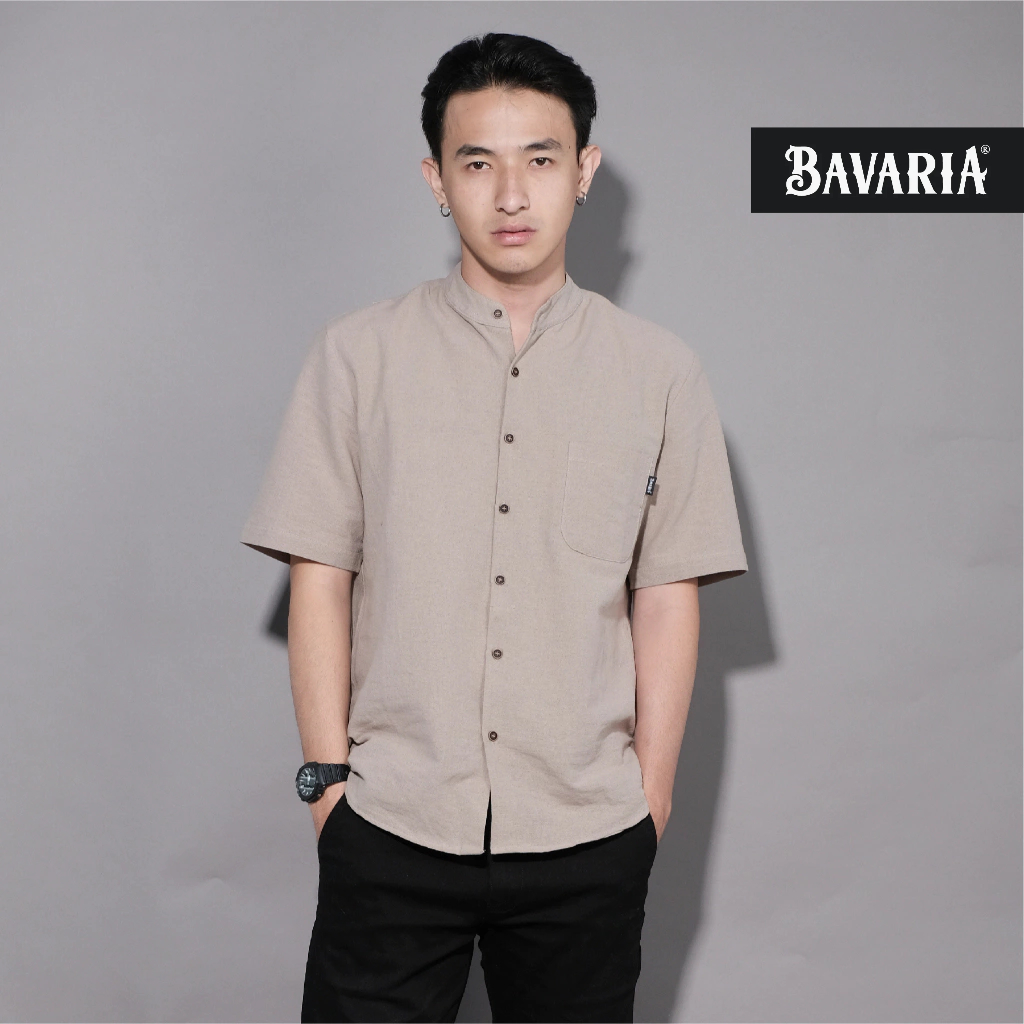 Bavaria Shirt Hemd SS Cream ~ Kemeja Linen Lengan Pendek Kerah Shanghai Koko Coklat Krem