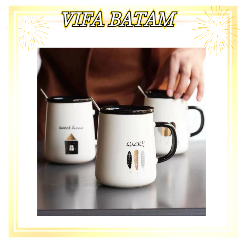 VIFA_BATAM Gelas Kopi  Teh Keramik/Mug Keramik Dengan Penutup Aesthetic/Cangkir Coffe Teh Susu