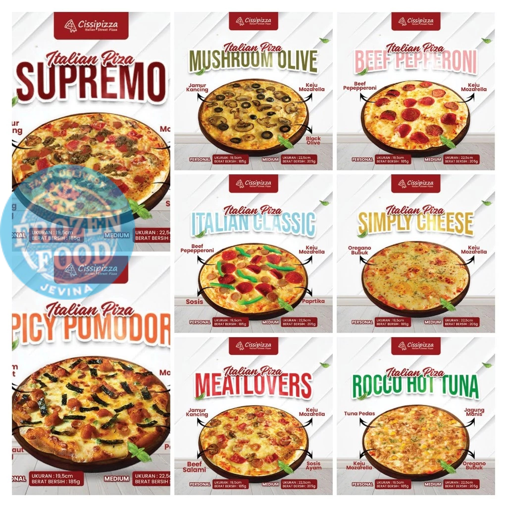 

Cissi Italian Pizza Chicken Pomodoro | Meat Lover | Mushroom | Pepperoni | Simple Cheese | Signature Pizza | Rocco Pizza | Thin Pizza Supremo | Vegetariana 21-23 cm | 185-205 gr