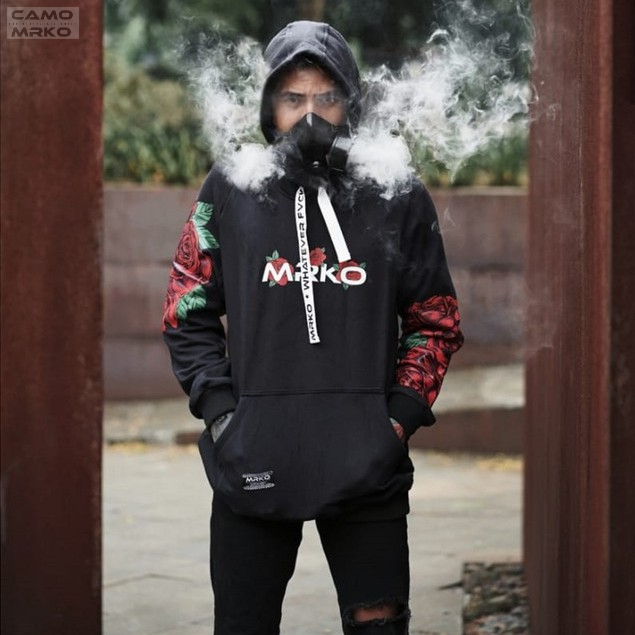 Sweater Hoodie Pria DIstro Bandung Leaf Rose CAMO MRKO Black White Cotton Fleece Premium Fullprint