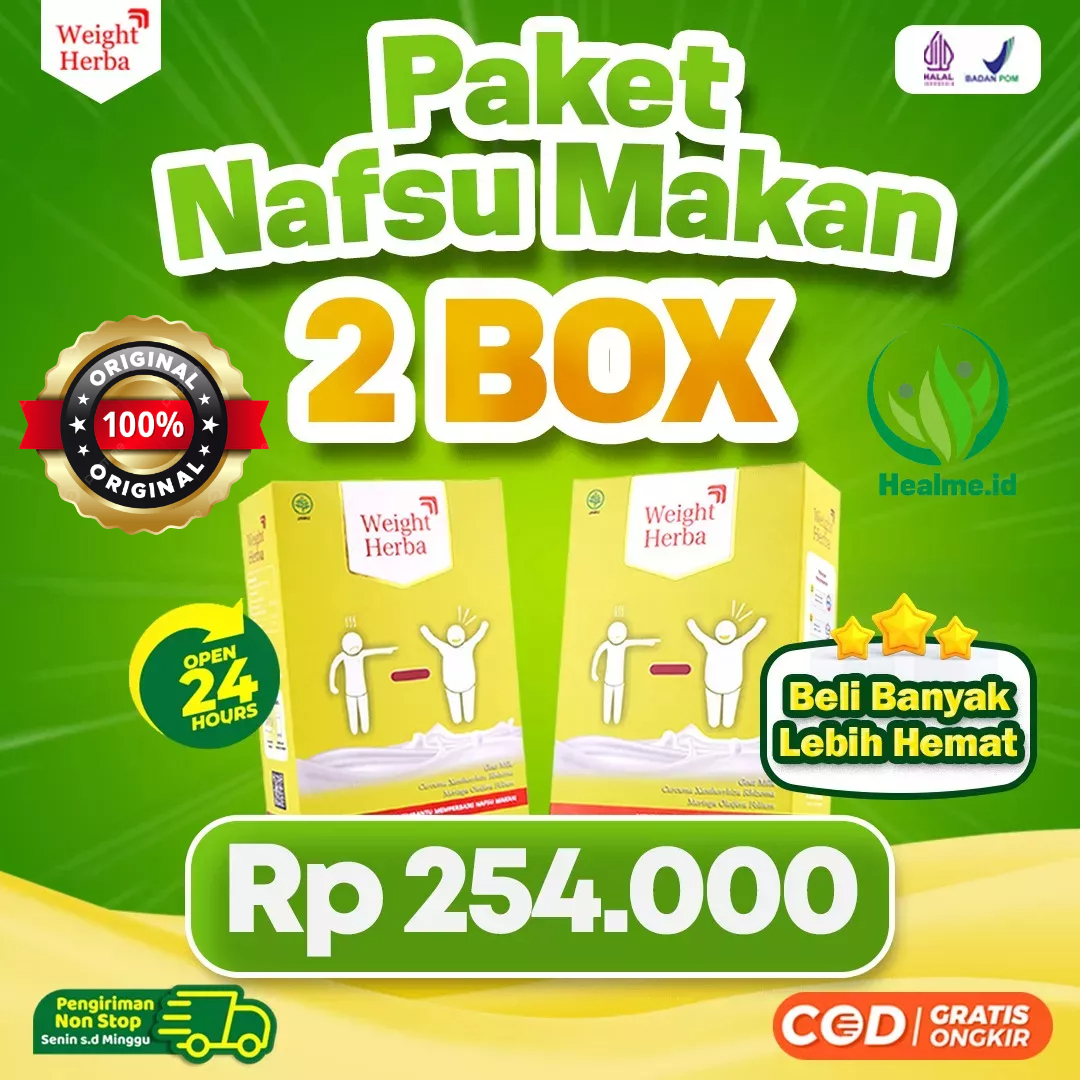 

Paket Nafsu Makan 2 Box Weight Herba Badan Berisi - Susu Kambing Penggemuk Badan / Tingkatkan Nafsu Makan / Pencernaan Lancar Penambah Protein & Jaga Tekanan Darah dalam Tubuh Isi 200gr