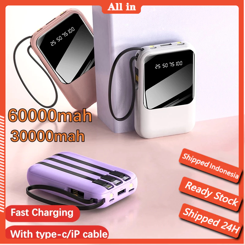 [Ready Stock COD]Powerbank 30000 mAh/60000 mAh Mini Size With 4 USB  Fast Charging LED Display Power